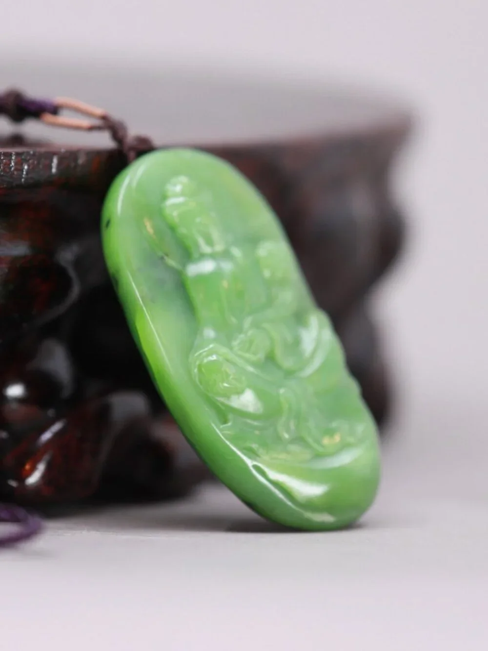 Chinese Green Hetian Jade Pendant w Guanyin & Ruyi